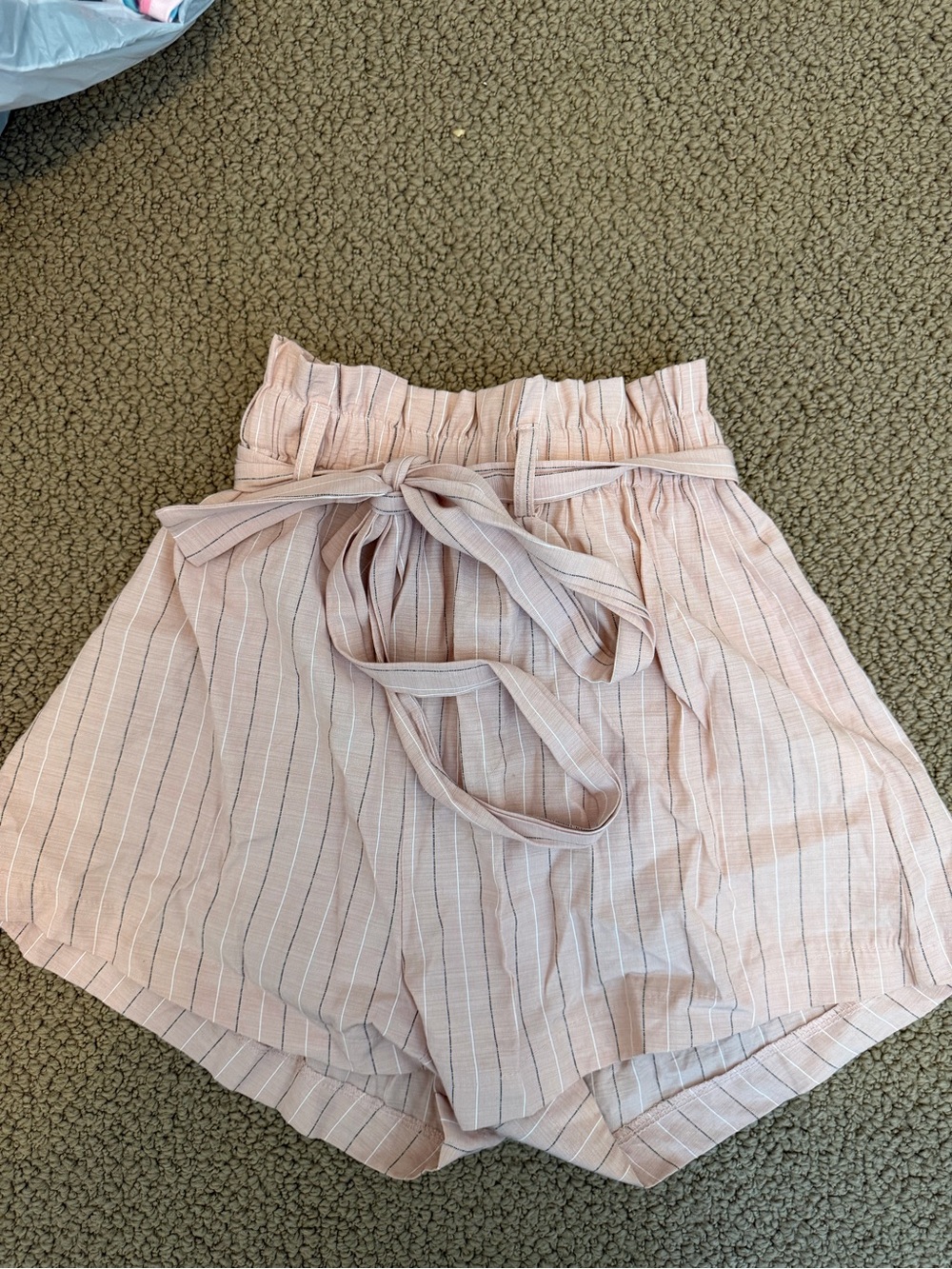 High-Rise Paperbag Tie-Waist Women’s Shorts — Light Blush Stripe